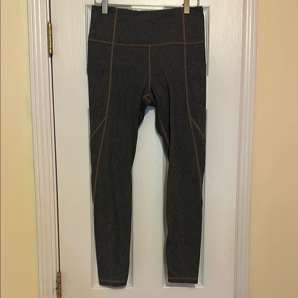 Athleta Gray Leggings with Tan Stitching